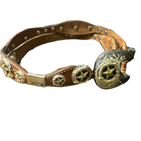 1.5" Size 36  BrownWestern Style Leather Belt Stars And Barbwire Pattern Womens - Picture 1 of 8
